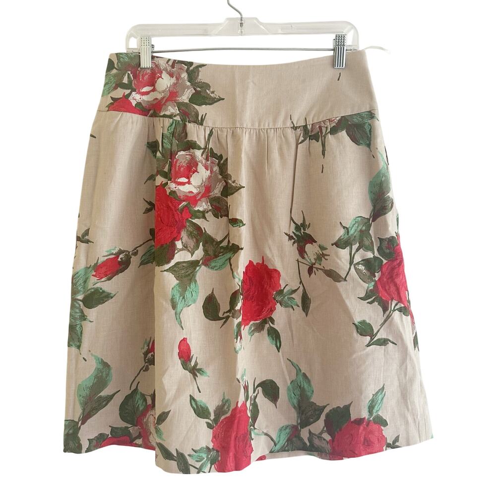 NISSA Floral Linen Cotton Blend Midi Skirt Size 12 Tan Red Coastal Maximalist